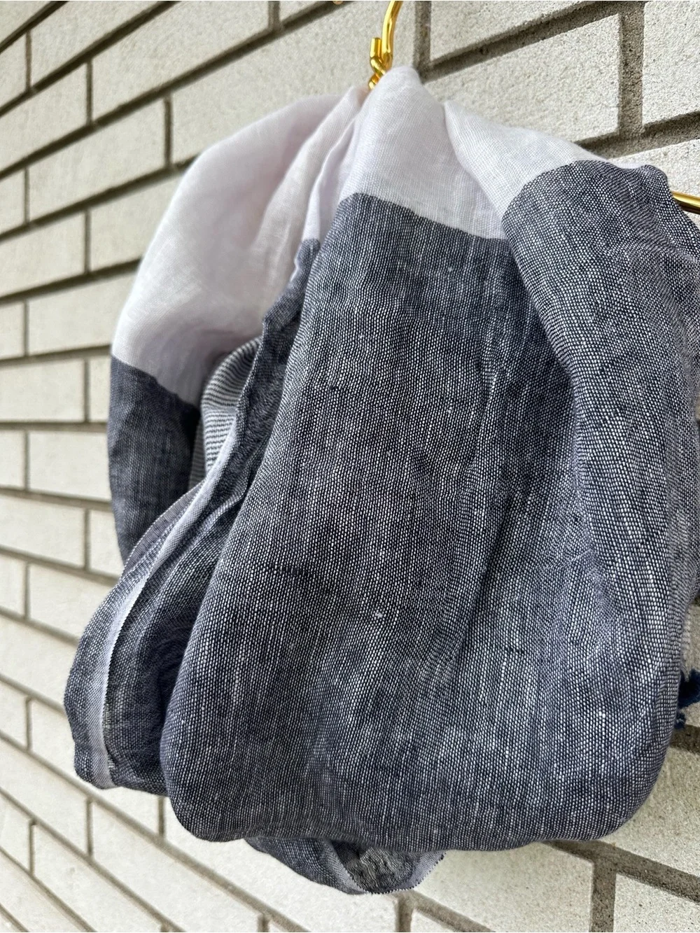 Oversized Linen Pom Pom Tassel Scarf Blue White Colorblock Shawl Wrap Coastal